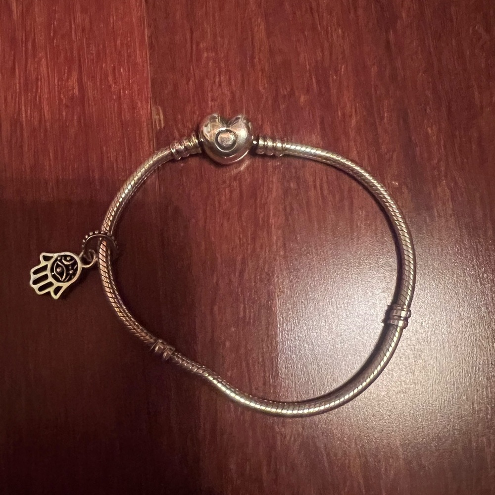 Pandora Silver Bracelet with Heart Clasp and Hamsa Charm